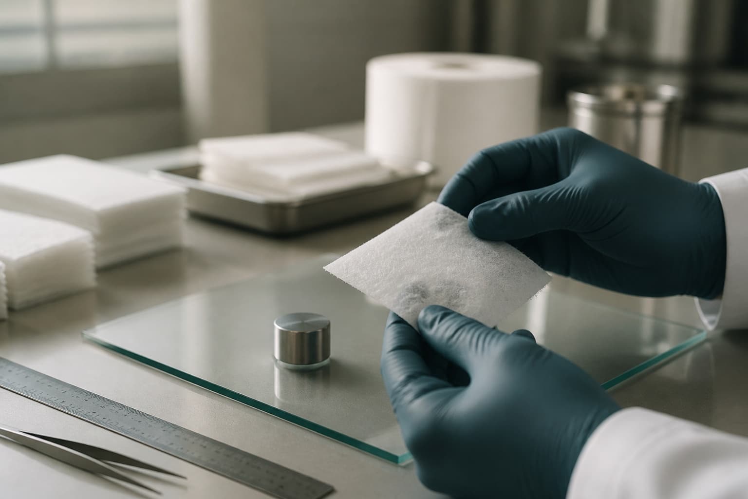 Material sample on a hygiene product development workbench