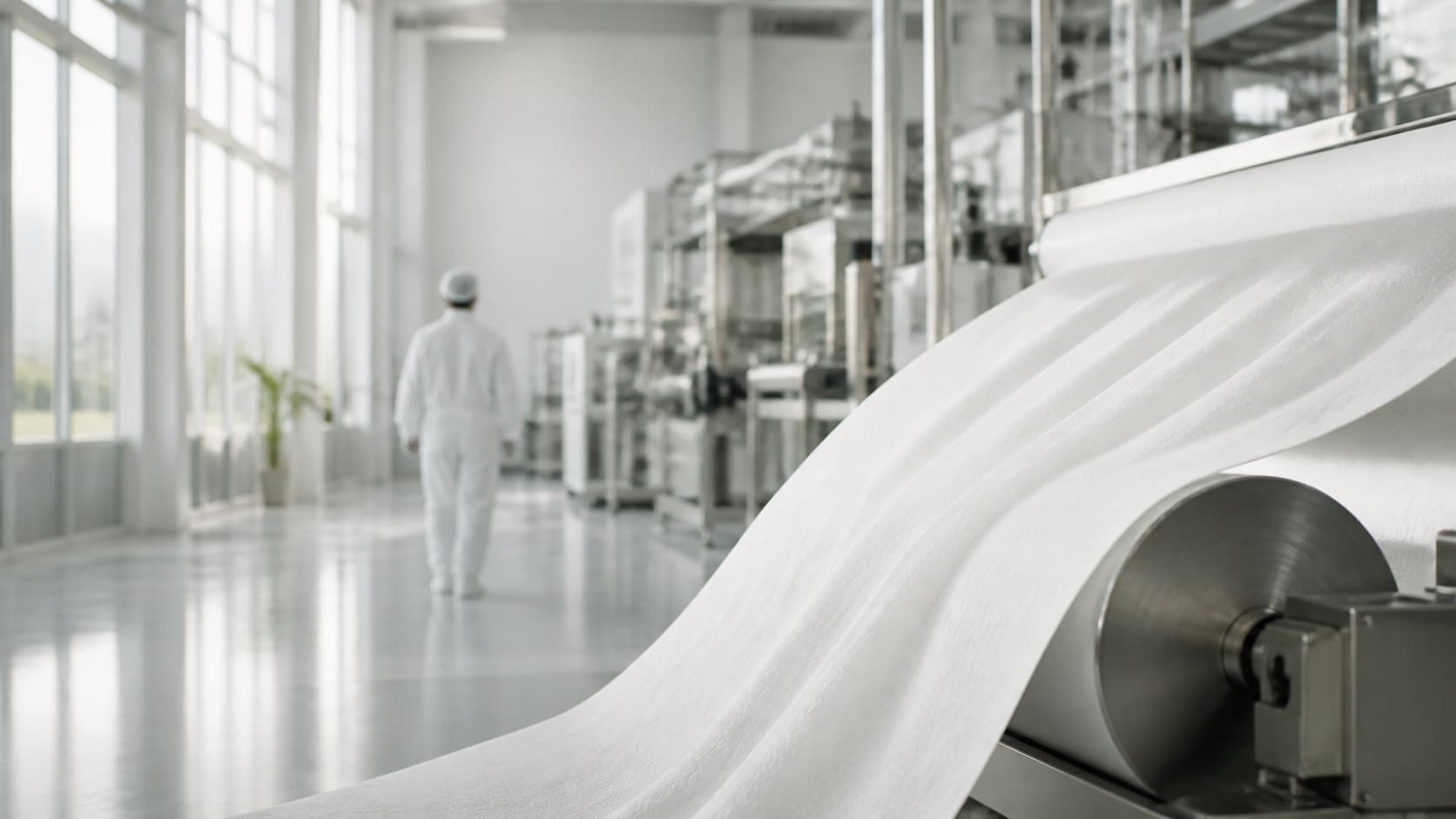 Nonwoven material moving through a precision hygiene manufacturing environment