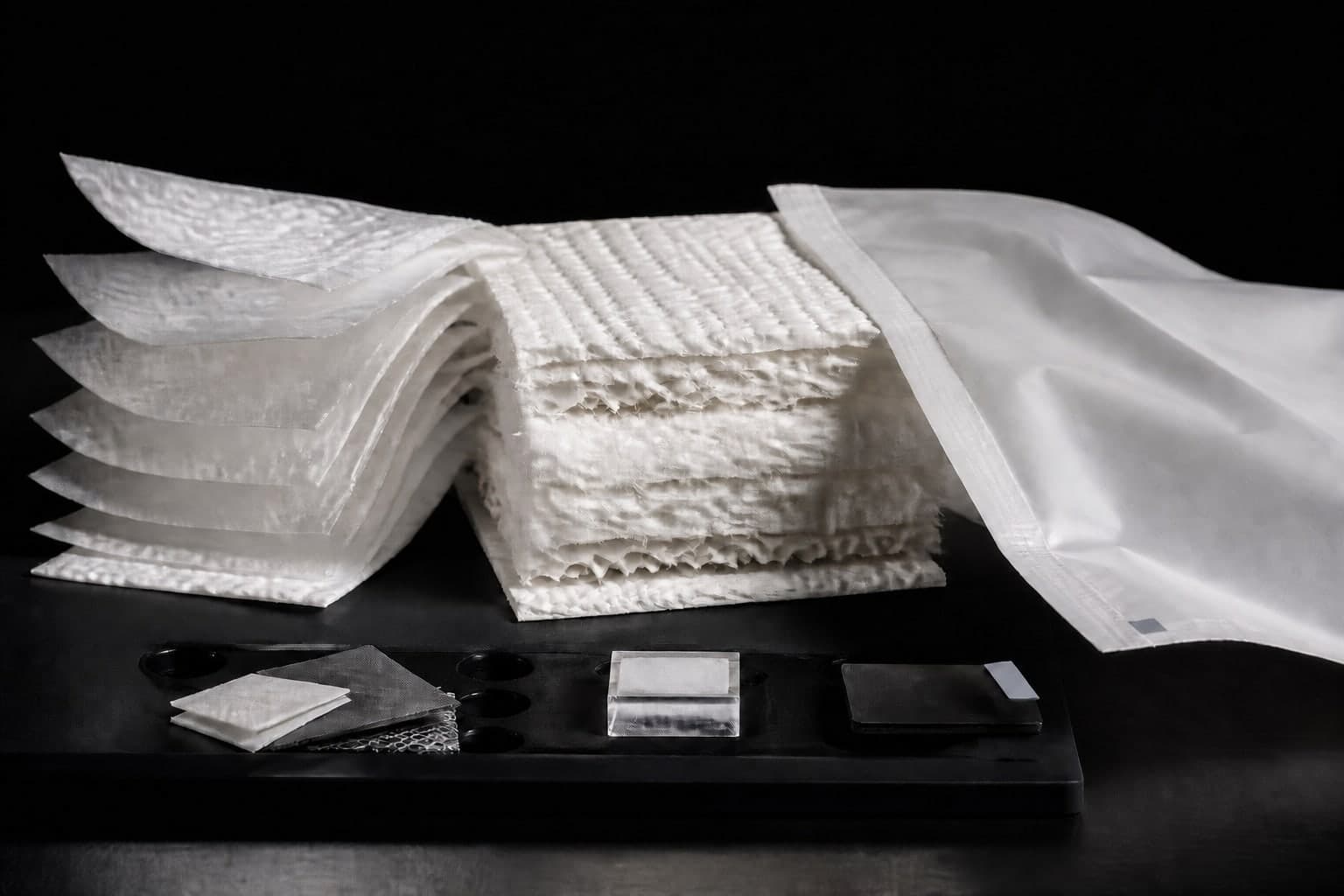 Unbranded nonwoven, absorbent core and packaging material samples arranged for OEM product development